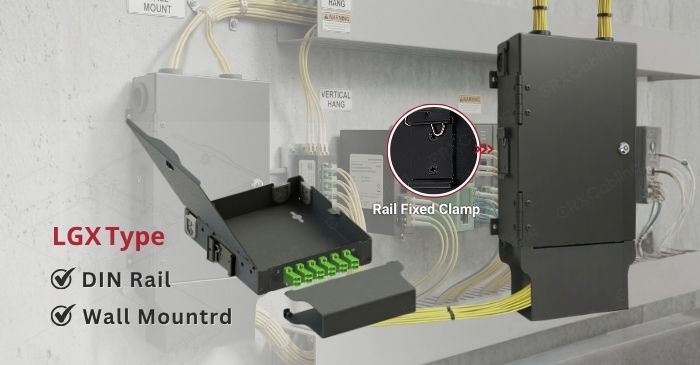 جعبه ترمینیشن فیبر LGX برای نصب روی دیوار و ریل DIN پچ جک کیستون RJ45 بدون ابزار با ورودی کابل سهراهی Cat.6A STP