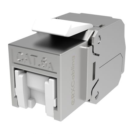 پورت RJ45 کیستون Cat.6A با شاتر FTP بدون ابزار 4PPoE - پورت کیستون Cat6A با شاتر سفید و محافظ کامل.